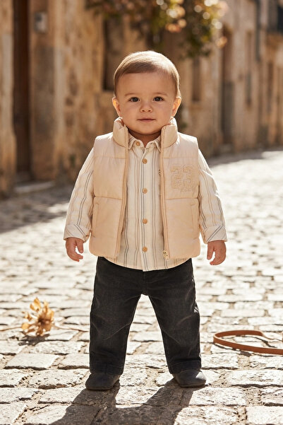DYZSTAR Baby Boy 3-Piece Set - Beige Puffer Vest, Striped Cotton Shirt and Bl...