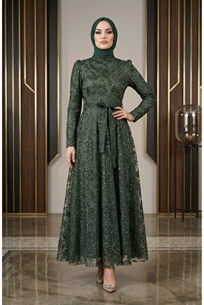 sefamerve Silvery Belted Hijab Evening Dress 5808-05 Khaki