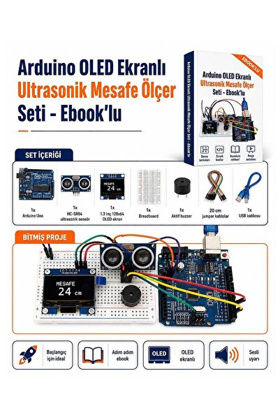 RobotikDepo Arduino OLED Ekranlı Ultrasonik Mesafe Ölçer Seti - Ebook’lu