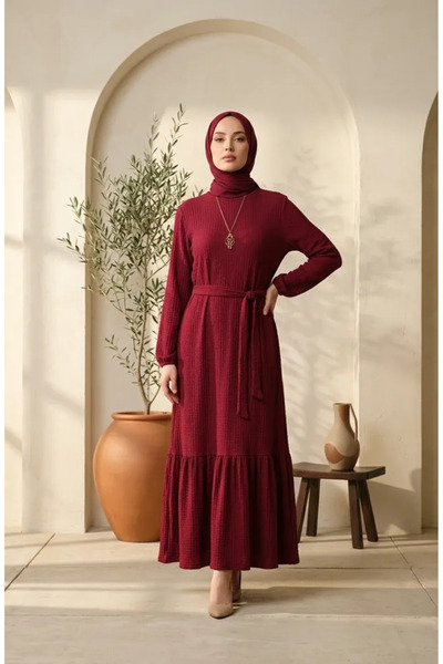 sefamerve Bubble Fabric Necklace Detailed Belted Hijab Dress 0575-05 Claret Red