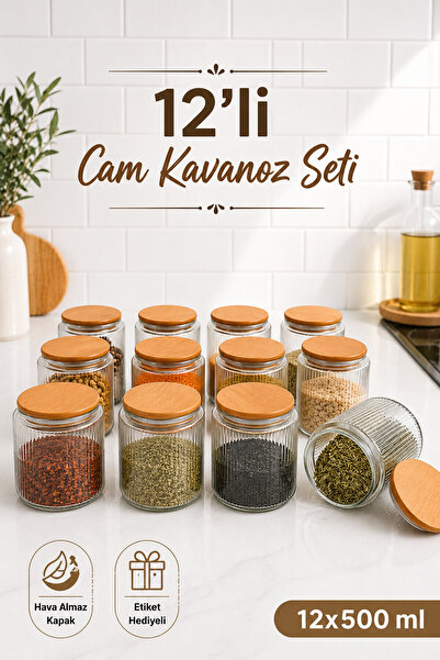 Zivora Home 12'li Çizgili Cam Baharatlık Seti – 500 ml Bambu Kapaklı Hava Alm...
