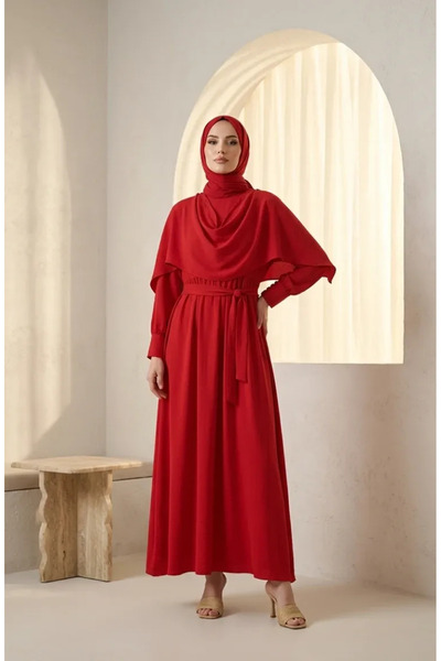 sefamerve Cape Detailed Belted Hijab Dress 2291-01 Red
