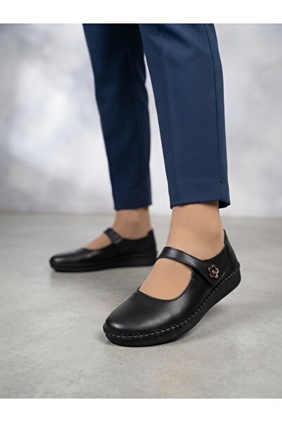 Rüya Shoes Daily Flower Detailed Orthopedic Sole Genuine Leather Ballerinas