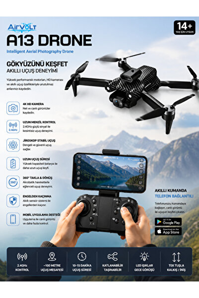 Airvolt 4K Kameralı Katlanabilir Akıllı Drone – Telefon Bağlantılı Kumanda A1...