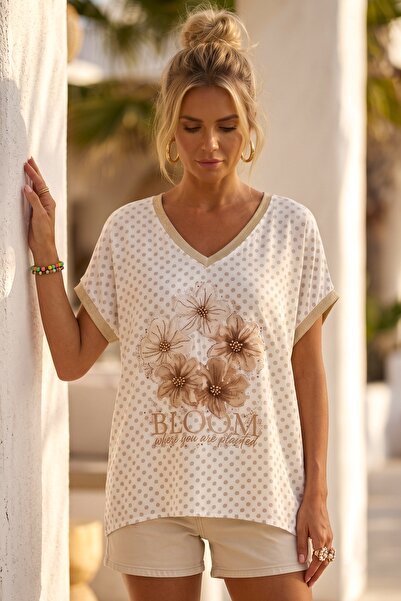 Chiccy Italian Cream V-Neck Low Sleeve Polka Dot Thin Stone Flower Printed Ca...
