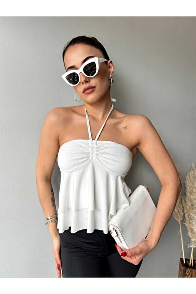 Biber Collection Kadın Göğüs Gloplu Boyundan Bağlamalı Büzgülü Bluz