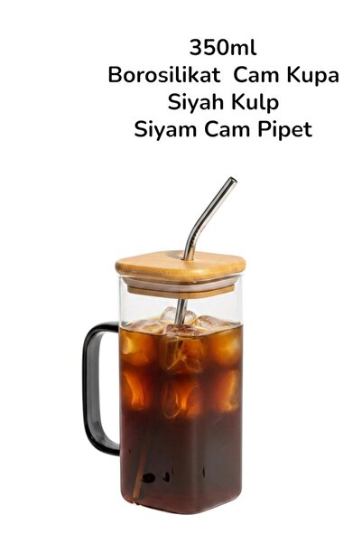 ALBETTO Borosilicate Glass Mug Square Mug with Straw 350ml Thermosil Mug Blac...