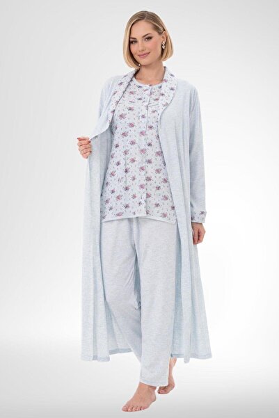 Mecit Pijama Mecit 6317 Blue Women's Plus Size Buttoned Pajama Set with Robe