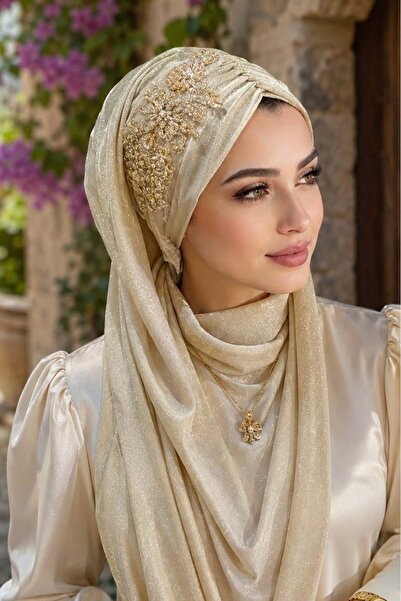 Aişe tesettür Beige Bead Embroidered Evening Dress Shawl