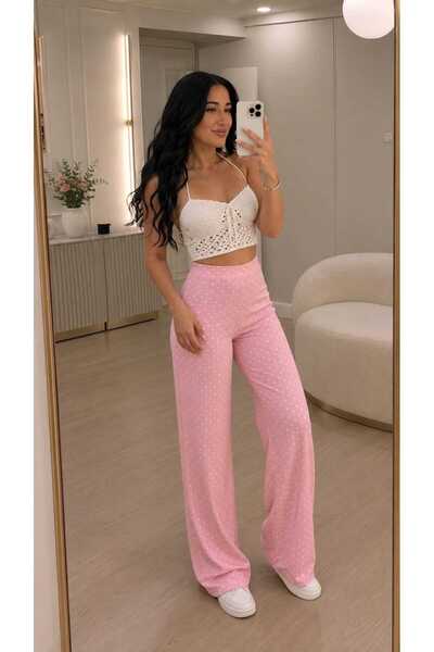 Myawomenswear Pembe Puantiyeli Yüksek Bel Esnek Modal Bol Paça Pantolon