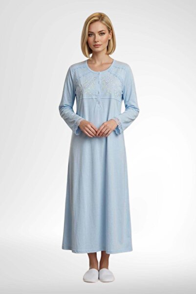 Mecit Pijama Mecit 6373 Blue Women's 100% Cotton Long Sleeve Nightgown
