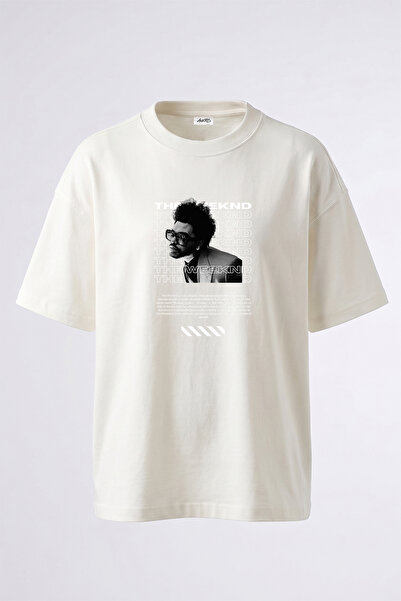 Anetos تي شيرت أبيض كبير الحجم مطبوع بتصميم The Weeknd_18