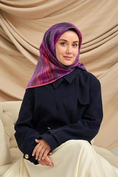 Silk Home Twill Silk Scarf Purple-Pink Patterned Tok Duruşlu 90X90