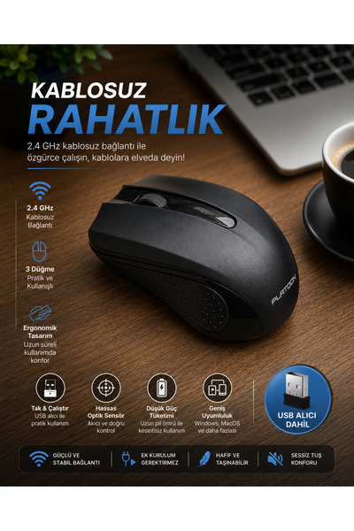 ERDİNEKS 2.4 GHz Kablosuz Optik Mouse - Ergonomik Tak Çalıştır USB Laptop Ofi...