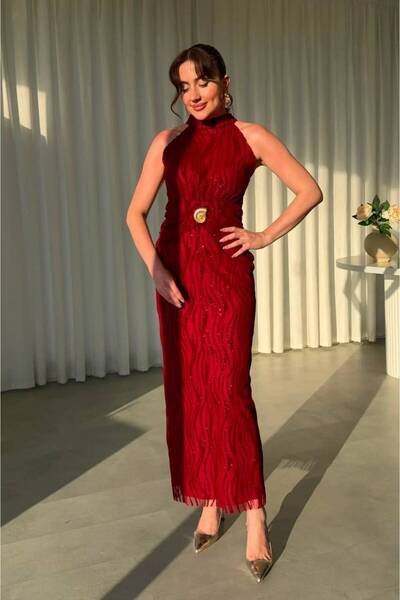 mafdress Kadın Halter Yaka Bordo Sim Desenli Tül Kemerli Abiye Elbise