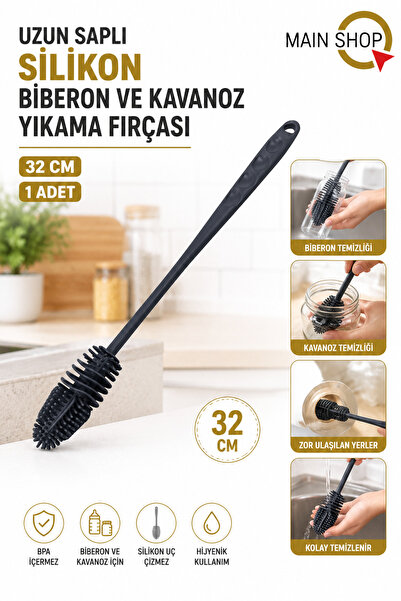MAİN SHOP Uzun Saplı Silikon Biberon Ve Kavanoz Yıkama Fırçası 32 cm Şişe Tem...