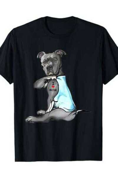 799 تي شيرت رجالي بطباعة "I Love Mom Tattoo Pitbull Dog Lovers" مضحك لعيد الأ...