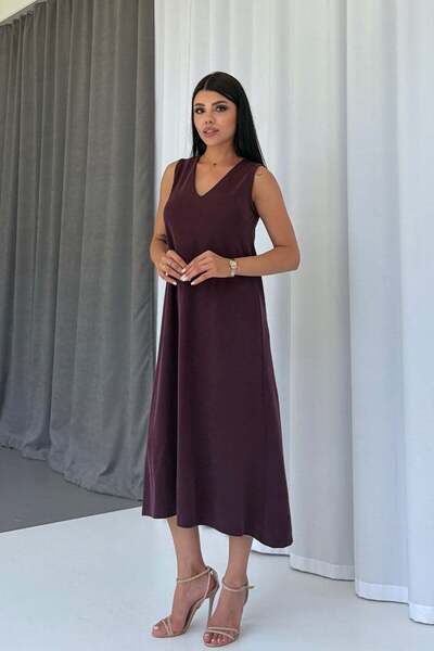 Mine Tan Butik Rochie de damă cu decolteu în V și detalii din țesătură Pique - Roșu Claret
