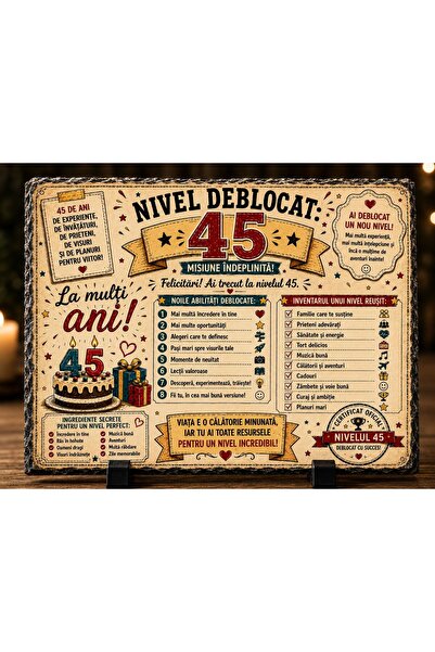 hiperborea Ardezie Personalizată – „Nivel Deblocat 45” – Cadou Aniversar 45 d...