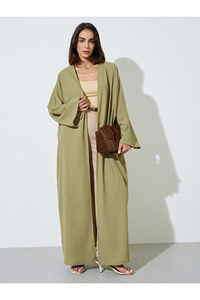 Amirah By Styli Olive Green Batwing Sleeves Open Front Abaya