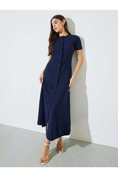 Styli Dark Blue Short Sleeves A-Line Maxi Dress