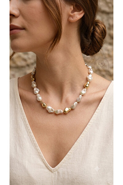 Bymiel Women's Gold Amorphous Metal and Baroque Pearl Detailed Necklace