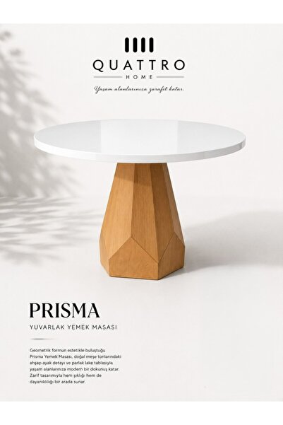 QUATTRO HOME Prisma Parlak Beyaz Lake Yuvarlak Yemek Masası – Geometrik Ahşap...