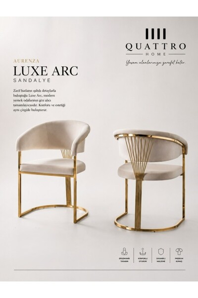 QUATTRO HOME Aurenza Luxe Arc Krem Döşemeli Gold Metal Kollu Sandalye