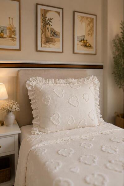 Çeyiz Diyarı Ruffle Pure Love 2 Parça Tek Kişilik Pike Takımı Krem