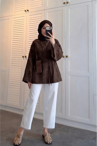 TrendParis İp Bağcıklı Çiçek Desenli Brodeli Bluz Kahverengi