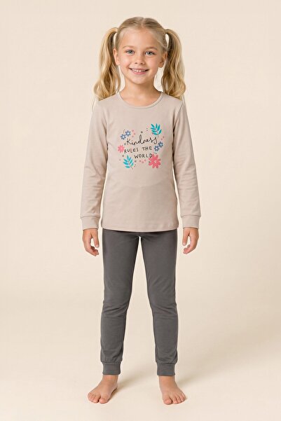 BAYKAR Girl's Cotton Crew Neck Printed Long Sleeve Pajama Set 9276 Beige