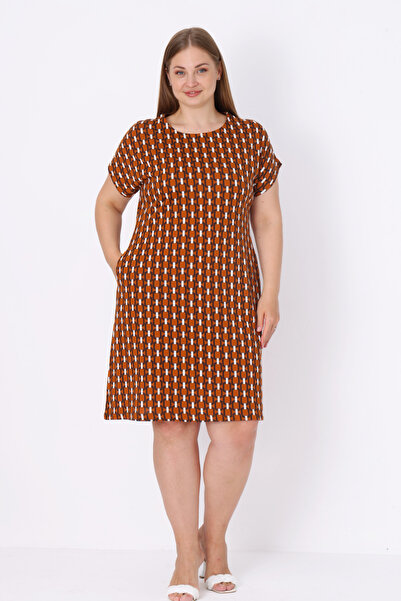 İntensive Patterned Short-Sleeved Cotton Women's Plus Size Short-Sleeved Dress