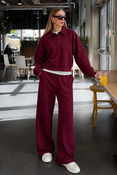 Seeh Burgundy Long-Sleeved Buttoned Polo Collar Women's Tracksuit Set Sh392