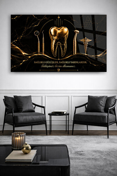 TAULART Unbreakable Glass Table Dentist Themed Gold Tooth Design Black Marble...