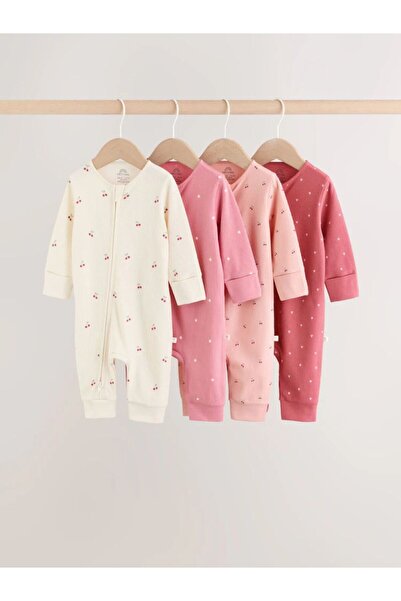 Next Baby Cotton Cream Pink Zippered 4-Piece Jumpsuit Set
