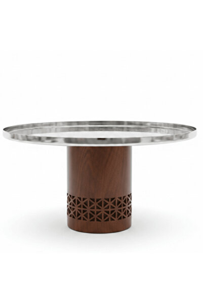 AKDC Luhpar Brown Wooden Footed Silver Stainless Steel Cake Stand - 30×17 cm