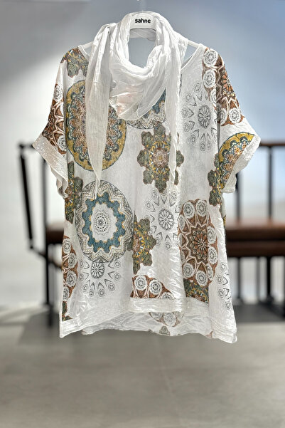 sahnemoda Mandala Desen Kısa Kol Şallı İthal Bluz