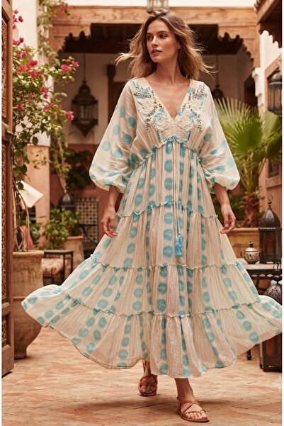 moda gk Boncuk/Nakış Detaylı Parlak Desenli Bohem Pamuk/İpek Elbise