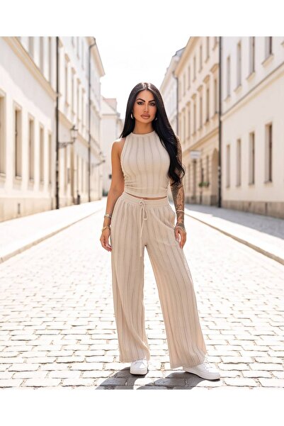 Trend Kapında Women's Halter Neck Crop Blouse and Wide Leg Pants Two-Piece Set