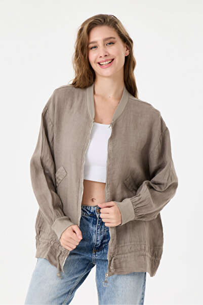 della moor Mink Italian 100% Linen Low Sleeve Zippered Oversize Linen Jacket ...