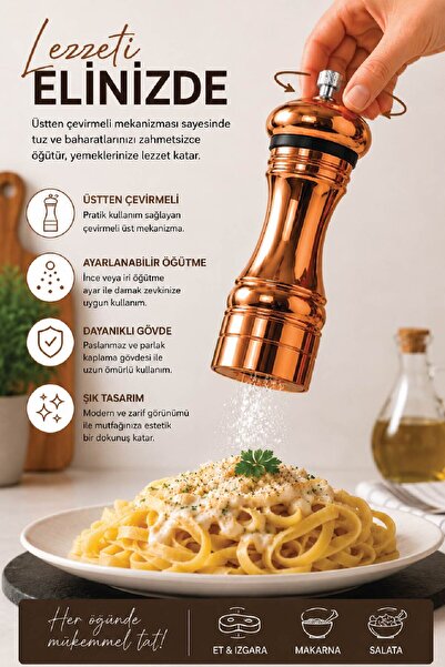VİP AHMET Tuz & Karabiber Değirmeni Baharat Öğütücü, Bakır 170 ml