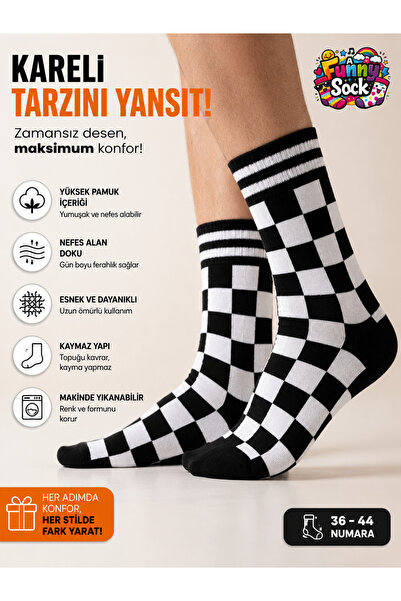Funnysocksonline SİYAH BEYAZ DAMA DESENLİ EĞLENCELİ PREMIUM ÇORAP