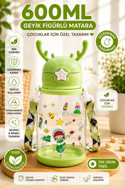 Ercazzo Geyik Kulaklı Çocuk Suluk Matara 600 ML Pipetli Omuz Askılı Sızdırmaz...