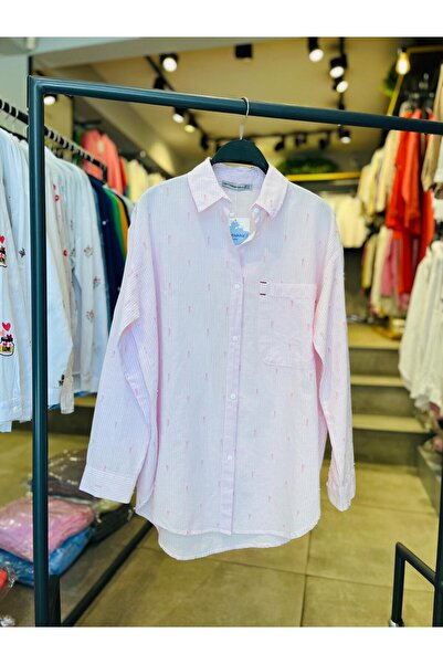 Patiskha Çizgili Jakarlı %100 pamuk Oversize Gömlek