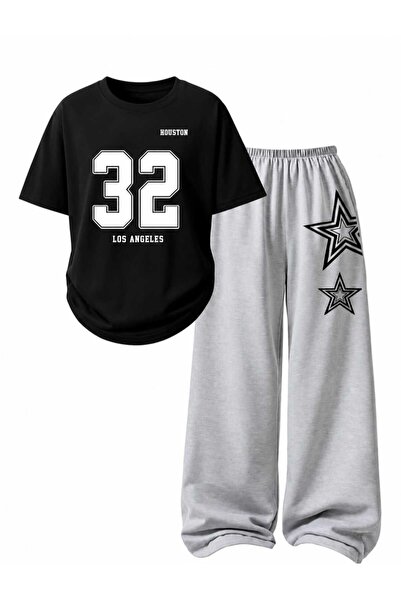 VESTIR BIEN Oversize 32 Baskılı Siyah Gri T-shirt-Şort Takım