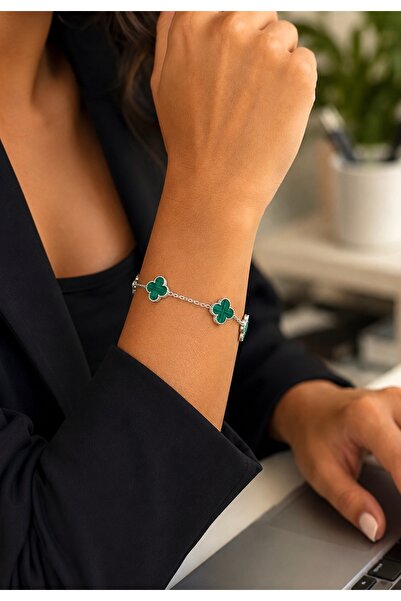 LİNOVE JEWELLERY 925 ayar gümüş malakit yonca bileklik, yeşil yonca bileklik,...