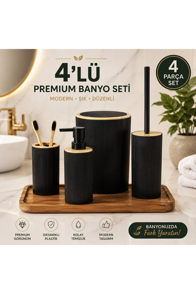 Le Paon 4 Parça Çizgili Siyah Banyo Seti - Sıvı Sabunluk, Diş Fırçalık, Barda...