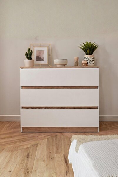 Rudu Asel Şifonyer 89x42x83 cm 3 Çekmeceli 1 Kapaklı Beyaz-Meşe Yatak Odası B...