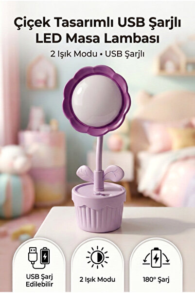 ALFAGİFT Çiçek Tasarımlı USB Şarjlı LED Masa Lambası 2 Işık Modlu Ayarlanabil...