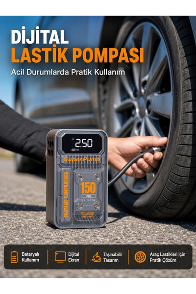 ARMÜZ 150 PSI Безжична преносима помпа за автомобилни гуми с цифров дисплей